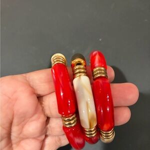 Nicole Miller Red and Cream Beaded Stretch Bracelet Set
